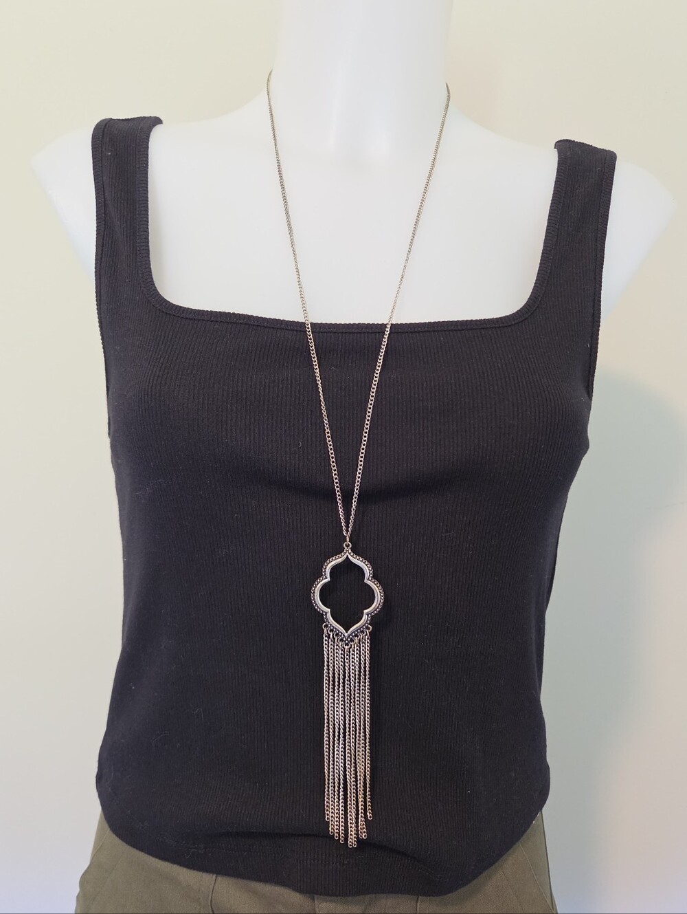 Long Silver Tone Quatrefoil Open Pendant With Fringe